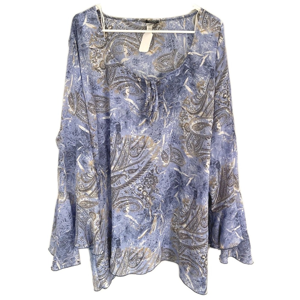 Anxiety Cafe Tunic Top Women 22/24 Plus Blue Paisley Scoop Neck Bell Sleeve USA